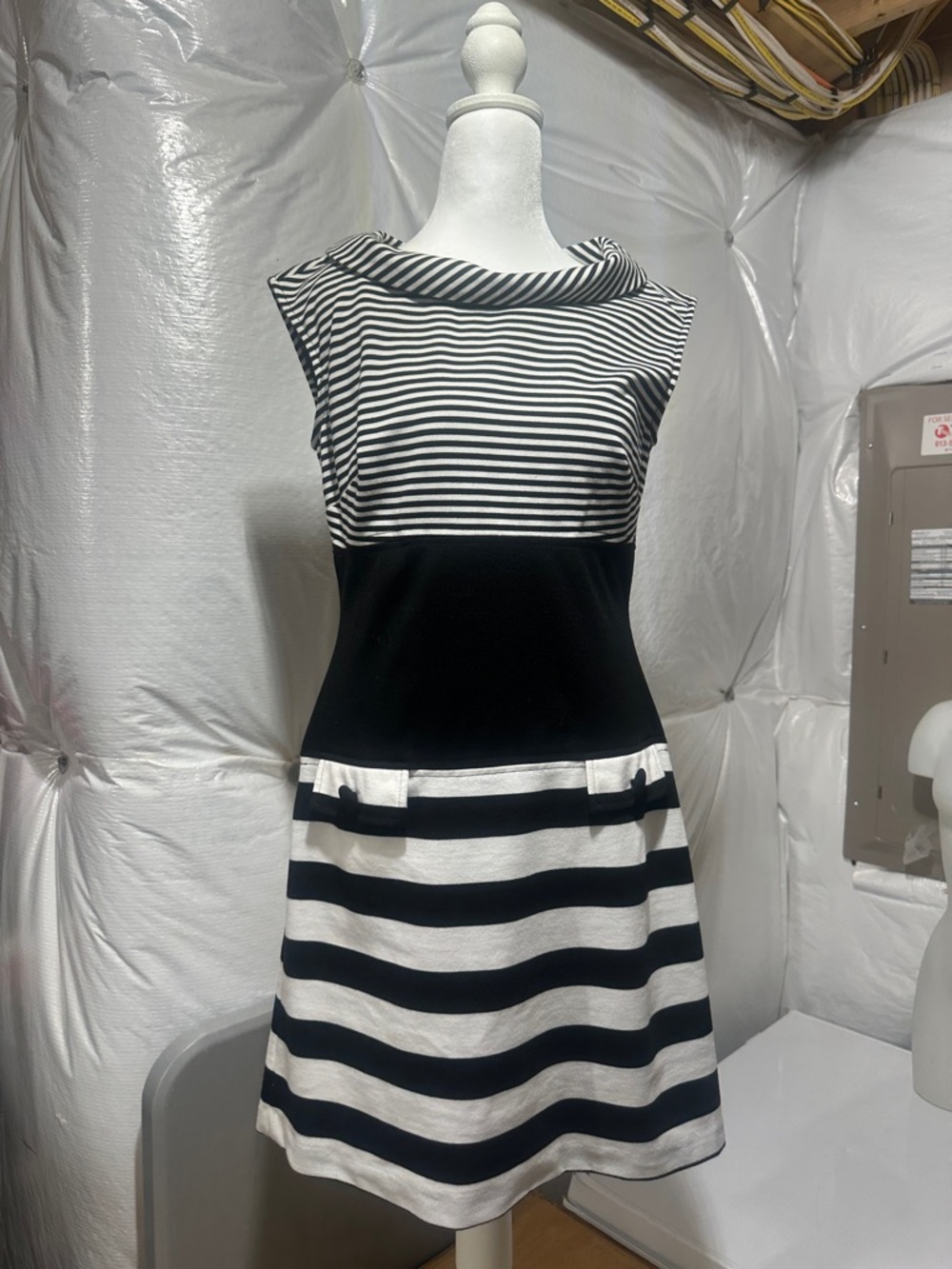 Taylor Black and White Striped Sleeveless Fit-and-Flare Dress